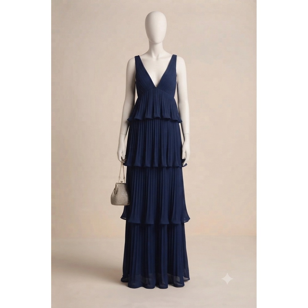 Navy Blue Pleated Tiered Maxi Dress Plunging V-Neck Sleeveless Formal Gown L
